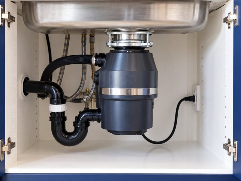 Illustrative image of a garbage disposal installed beneath a kitchen sink.